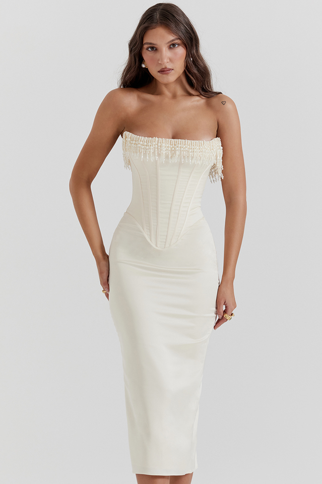 Pearl Beaded Fringe Strapless Corset Bodice Bodycon Midi Dress - View 3