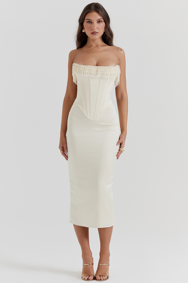 Pearl Beaded Fringe Strapless Corset Bodice Bodycon Midi Dress - View 4