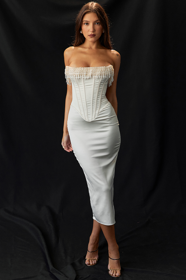Pearl Beaded Fringe Strapless Corset Bodice Bodycon Midi Dress - View 7