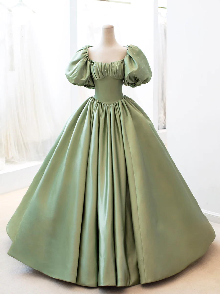 Ball Gown Sweet 16 Dress Green Satin Formal Evening Gown with Puff Sleeve