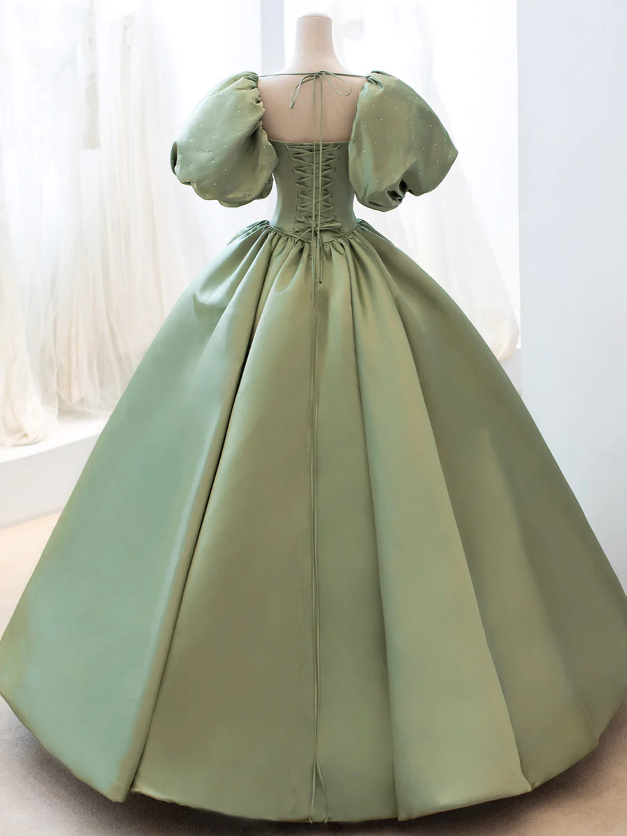 Ball Gown Sweet 16 Dress Green Satin Formal Evening Gown with Puff Sleeve