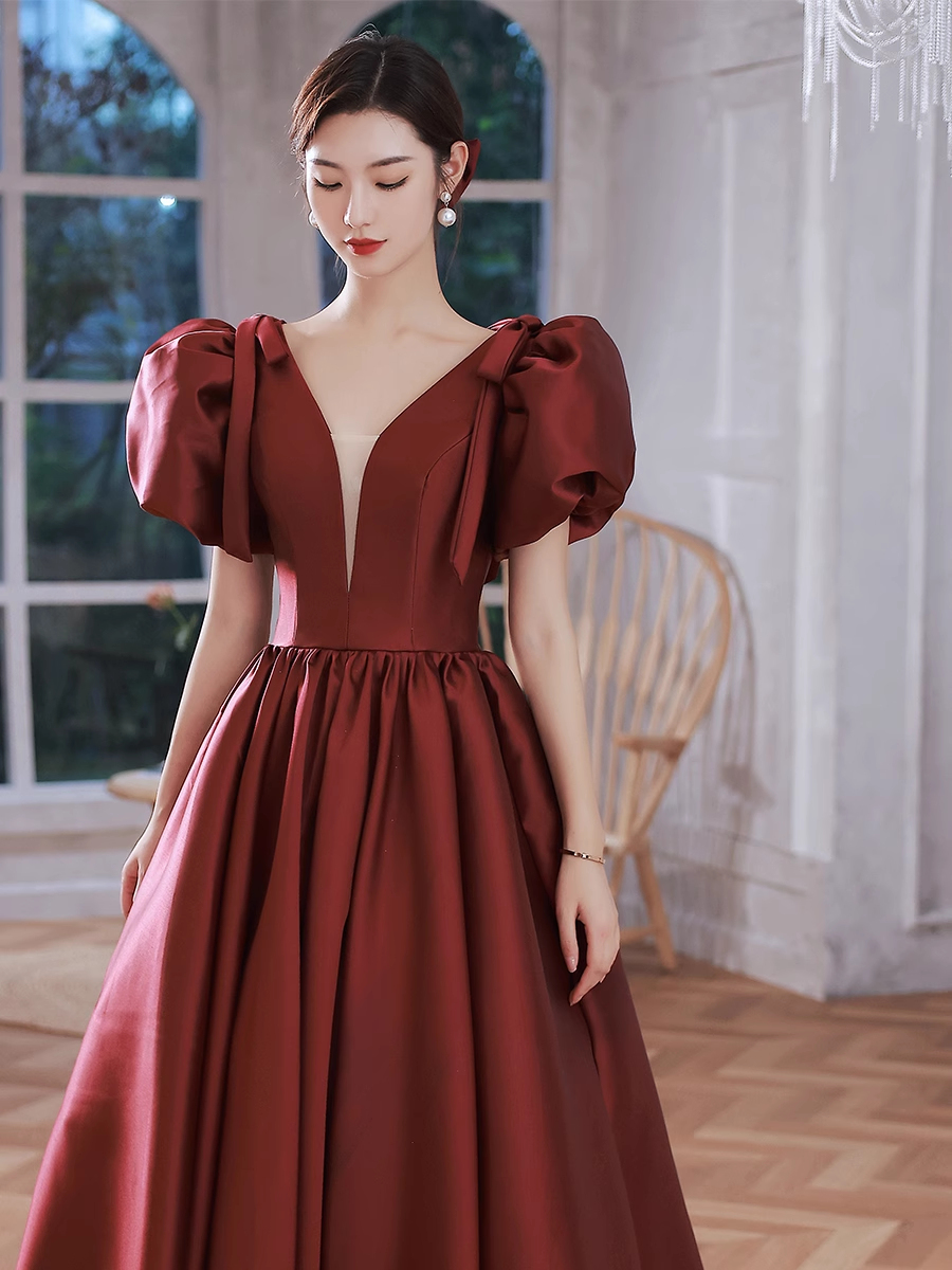 A line Burgundy Party Dresses Long Satin Prom Dresses