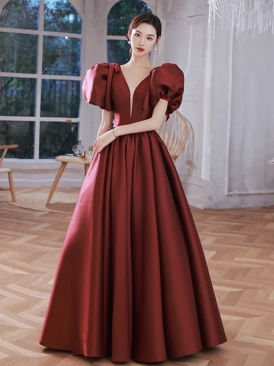 A line Burgundy Party Dresses Long Satin Prom Dresses