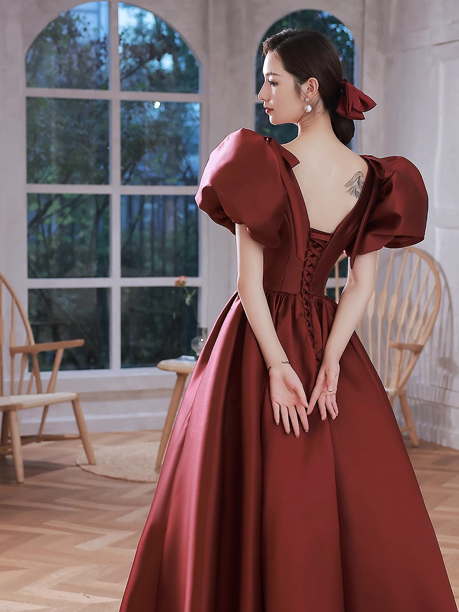 A line Burgundy Party Dresses Long Satin Prom Dresses