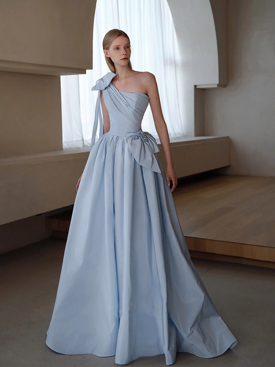 A line Light Sky Blue Party Dresses Long Satin One Shoulder Prom Dresses