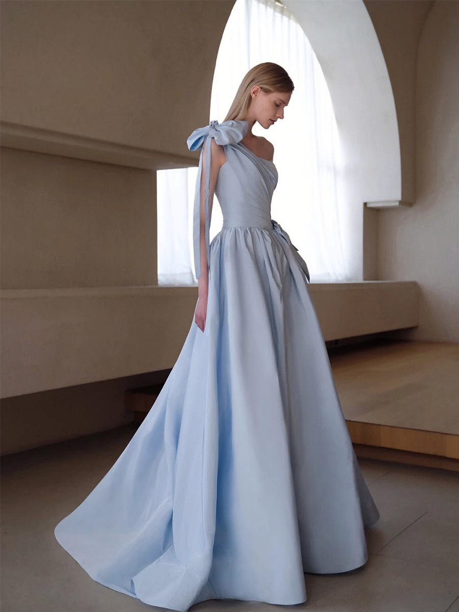 A line Light Sky Blue Party Dresses Long Satin One Shoulder Prom Dresses