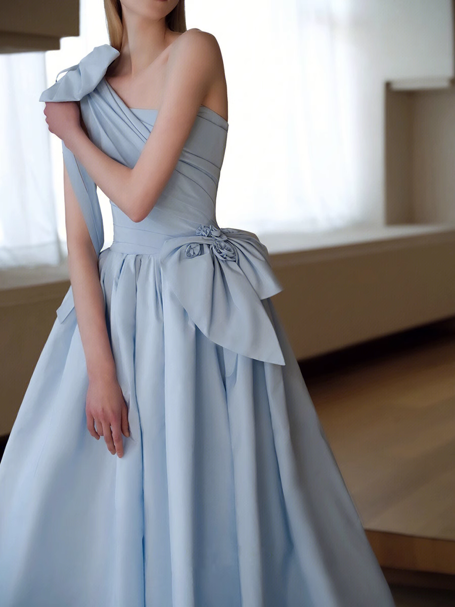 A line Light Sky Blue Party Dresses Long Satin One Shoulder Prom Dresses