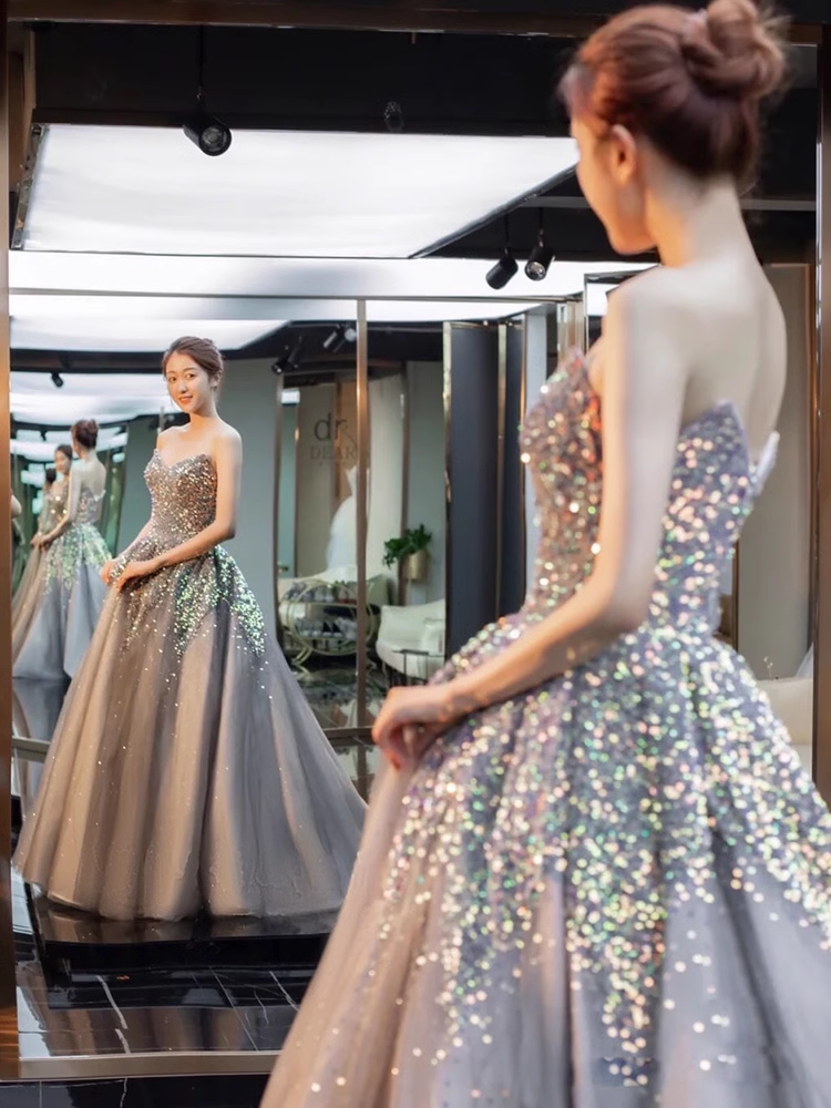 Ball Gown Strapless Sequin Party Dresses Long Tulle Prom Dresses