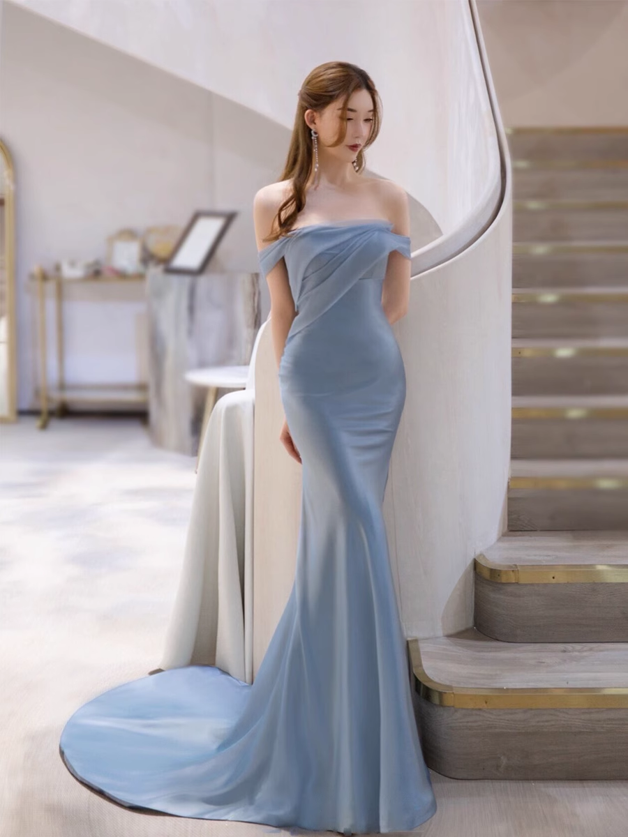 Mermaid Off The Shoulder Light Sky Blue Party Dresses Long Prom Dresses