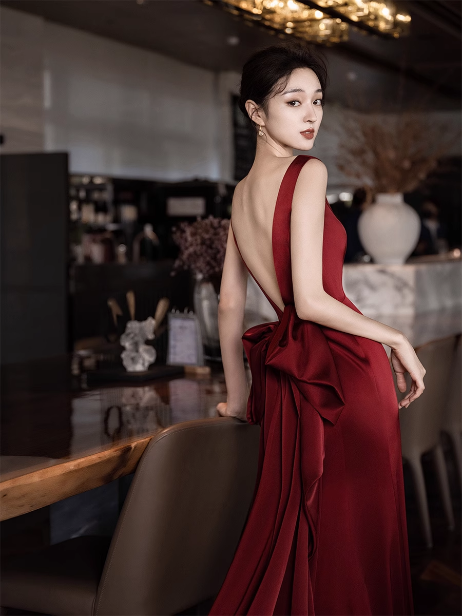 Simple Mermaid V neckline Party Dresses Long Burgundy Prom Dresses