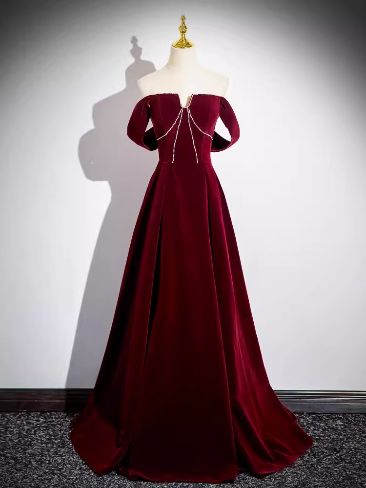 A line Off The Shoulder Evening Party Dress Velvet Prom Dress