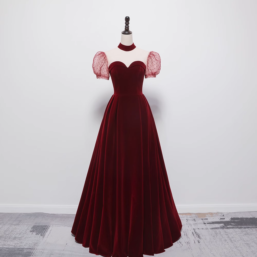 A line Burgundy Evening Party Dress Velvet Long Prom Dress