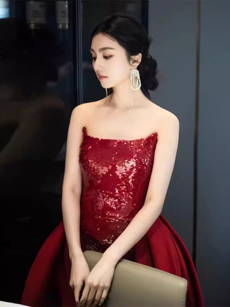 Sexy Mermaid Strapless Sleeveless Party Dress Red Long Prom Dress