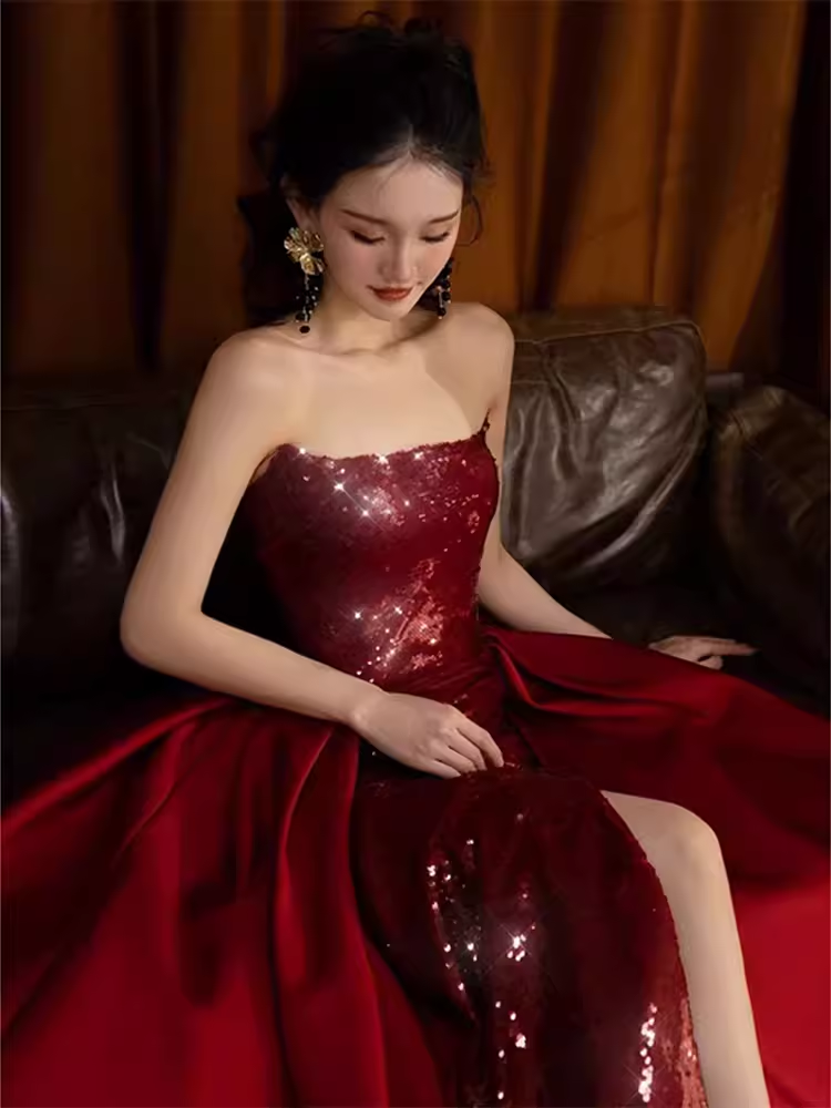 Sexy Mermaid Strapless Sleeveless Party Dress Red Long Prom Dress