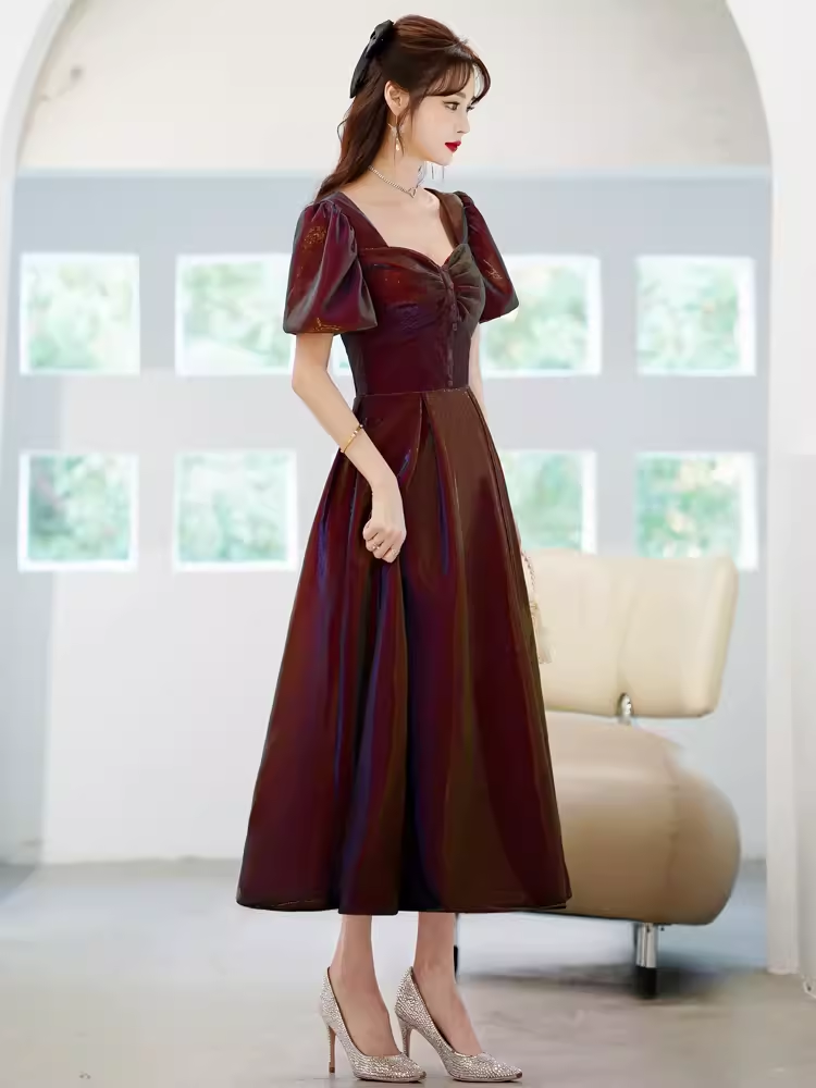 A Line Square Party Dress Knee Length Burgundy Prom Dress