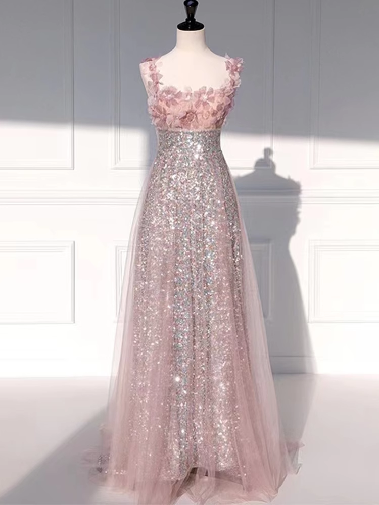 Princess A Line Straps Party Dress Sequin Pink Prom Dress