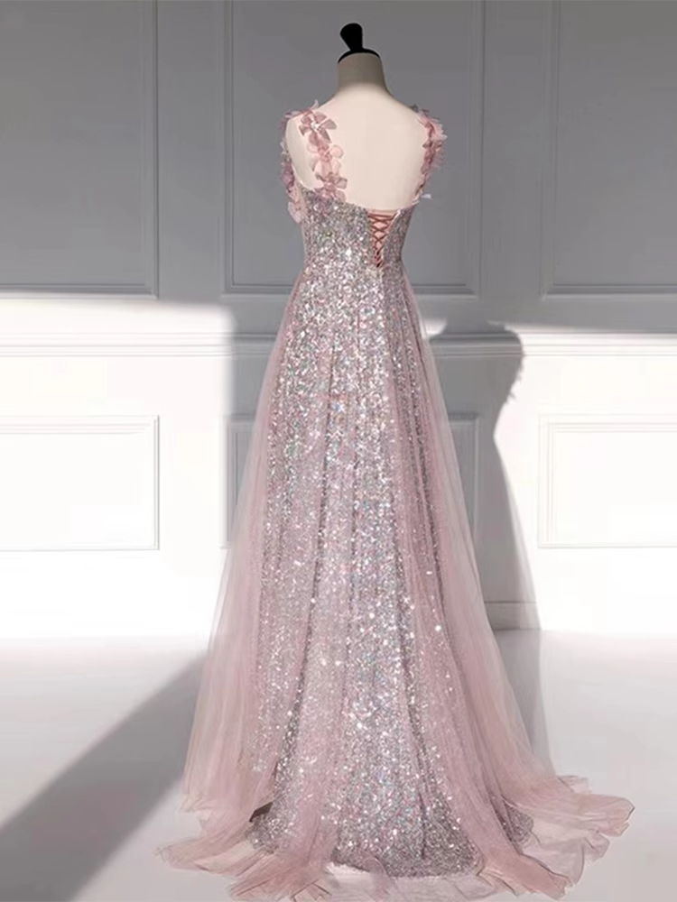 Princess A Line Straps Party Dress Sequin Pink Prom Dress