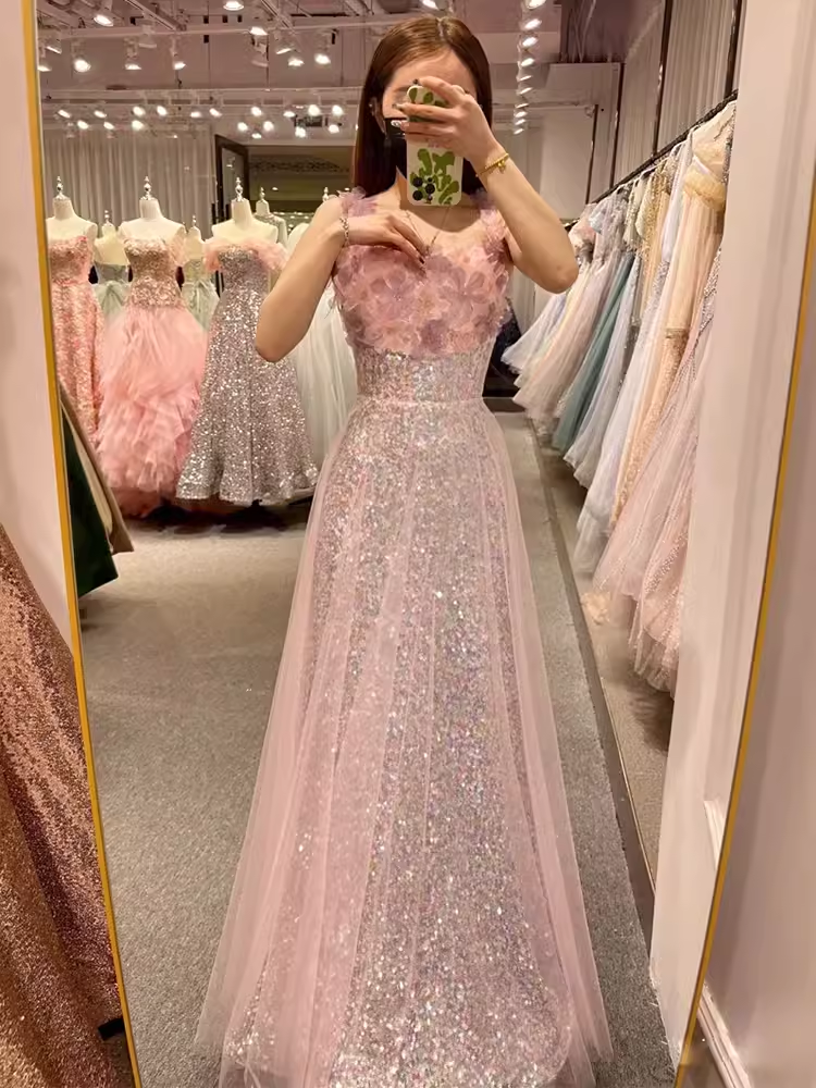 Princess A Line Straps Party Dress Sequin Pink Prom Dress