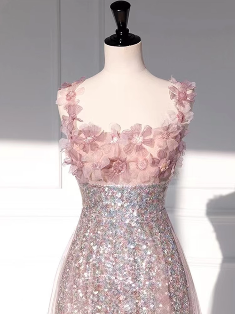 Princess A Line Straps Party Dress Sequin Pink Prom Dress