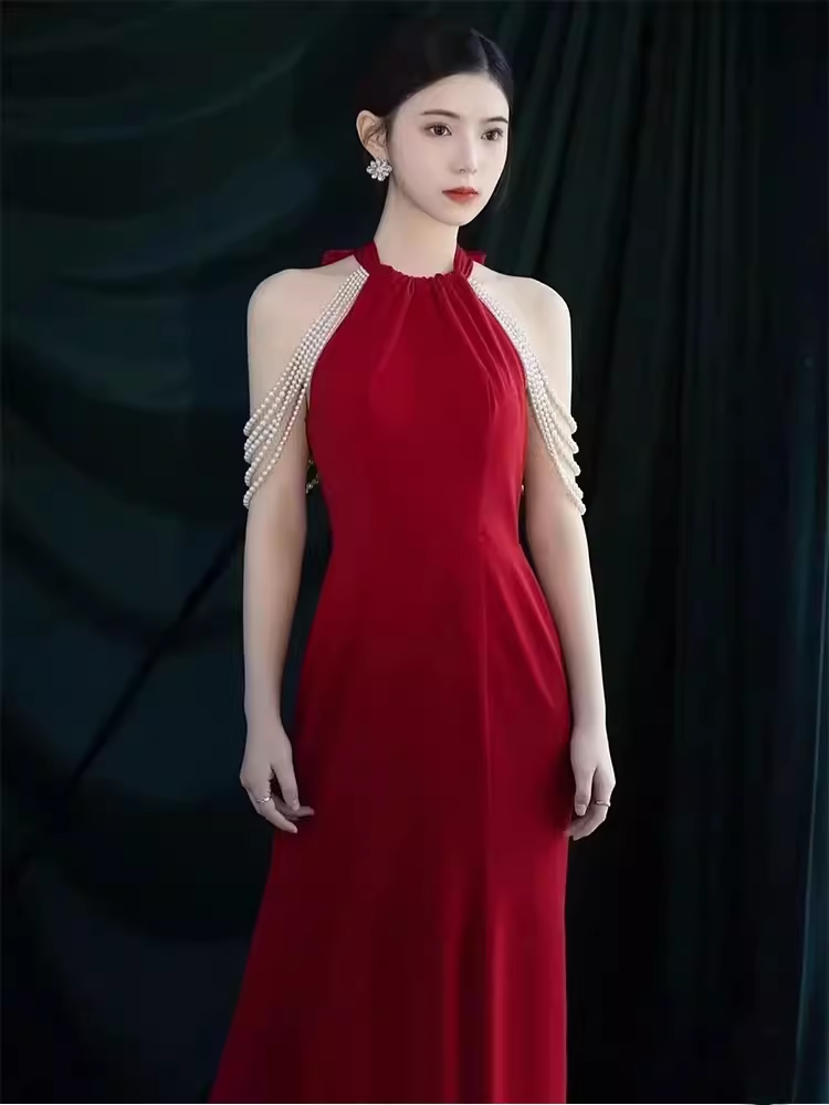 Mermaid Halter Party Dress Red Long Prom Dress