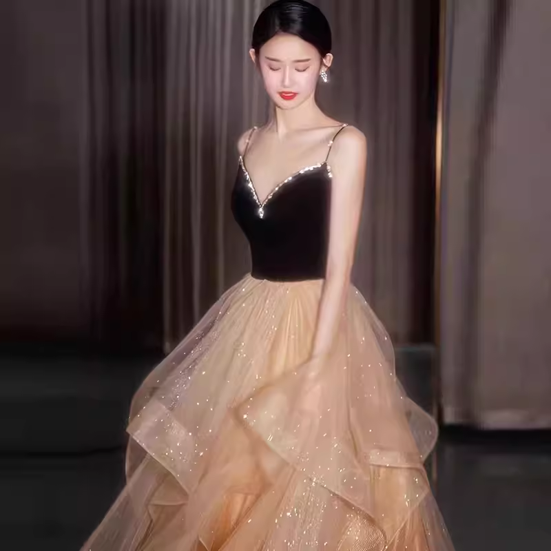 Ball Gown Straps Tulle Champagne Party Dress Long Prom Dress