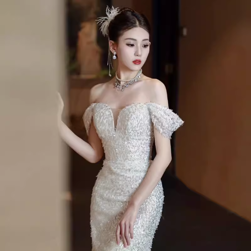 Mermaid Off The Shoulder Sequin Party Dress Long Prom Dress