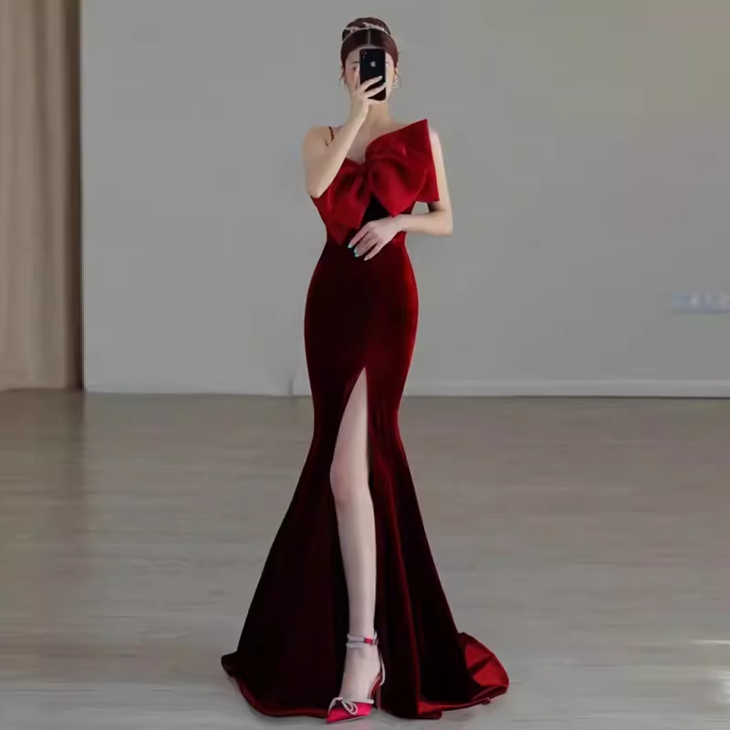 Mermaid Straps Velvet Red Party Dress Long Slit Prom Dress