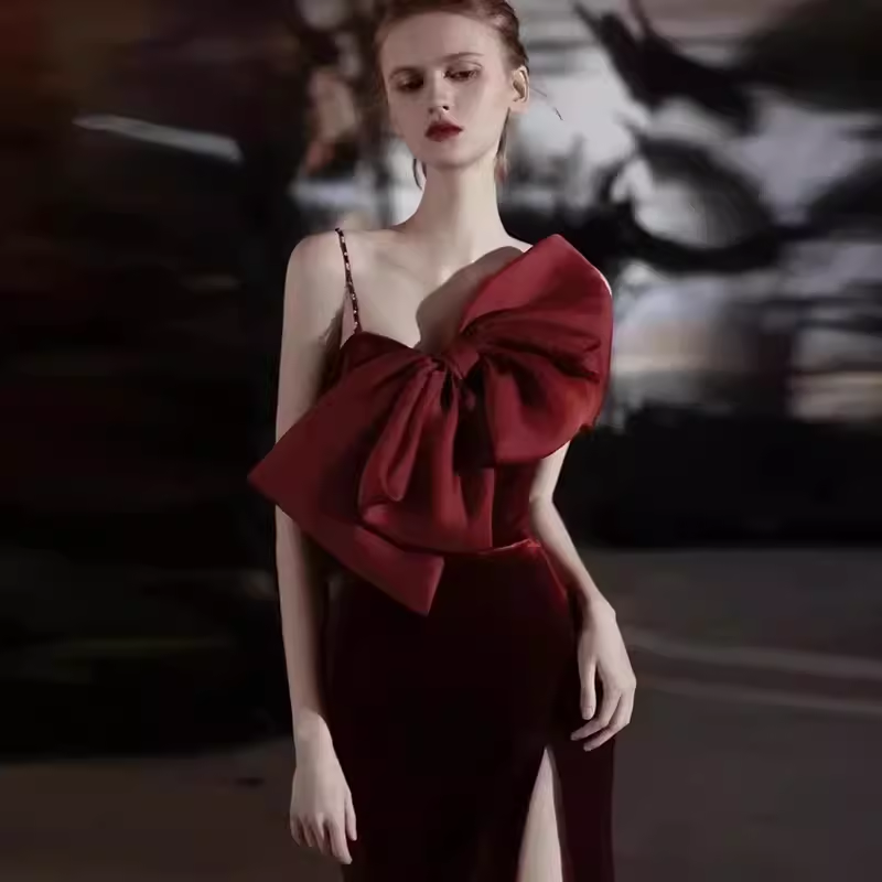 Mermaid Straps Velvet Red Party Dress Long Slit Prom Dress