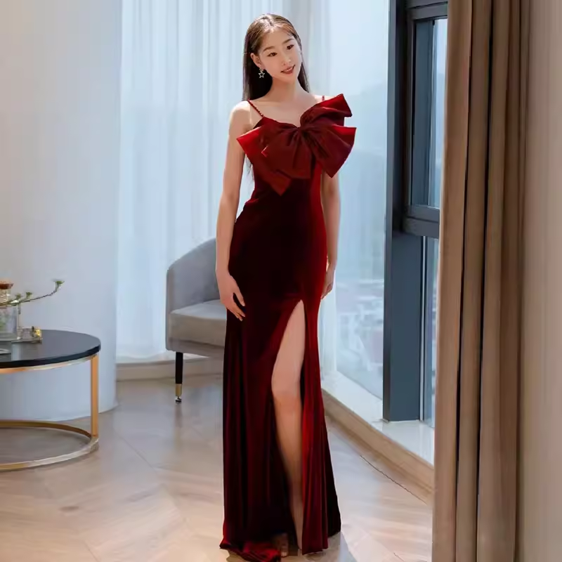 Mermaid Straps Velvet Red Party Dress Long Slit Prom Dress