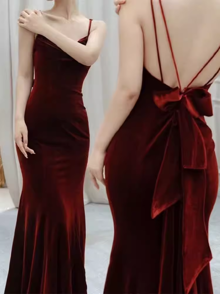 Mermaid Straps Velvet Red Party Dress Long Backless Prom Dress