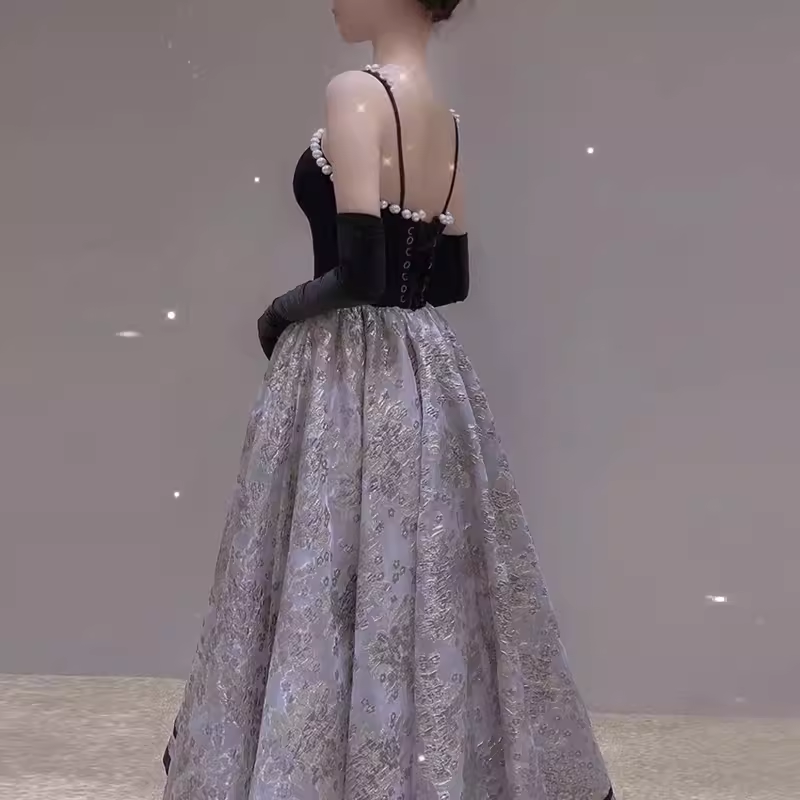 A line Straps Velvet Black Party Dress Long Prom Dress