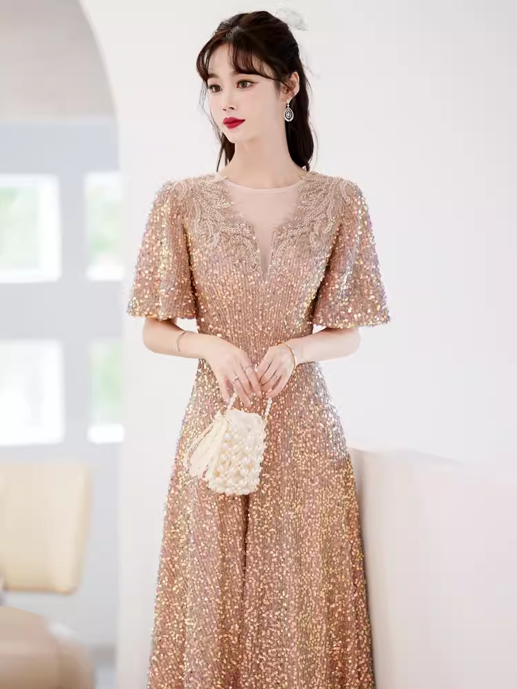 A line Sequin Gold Party Dress Long Prom Dress