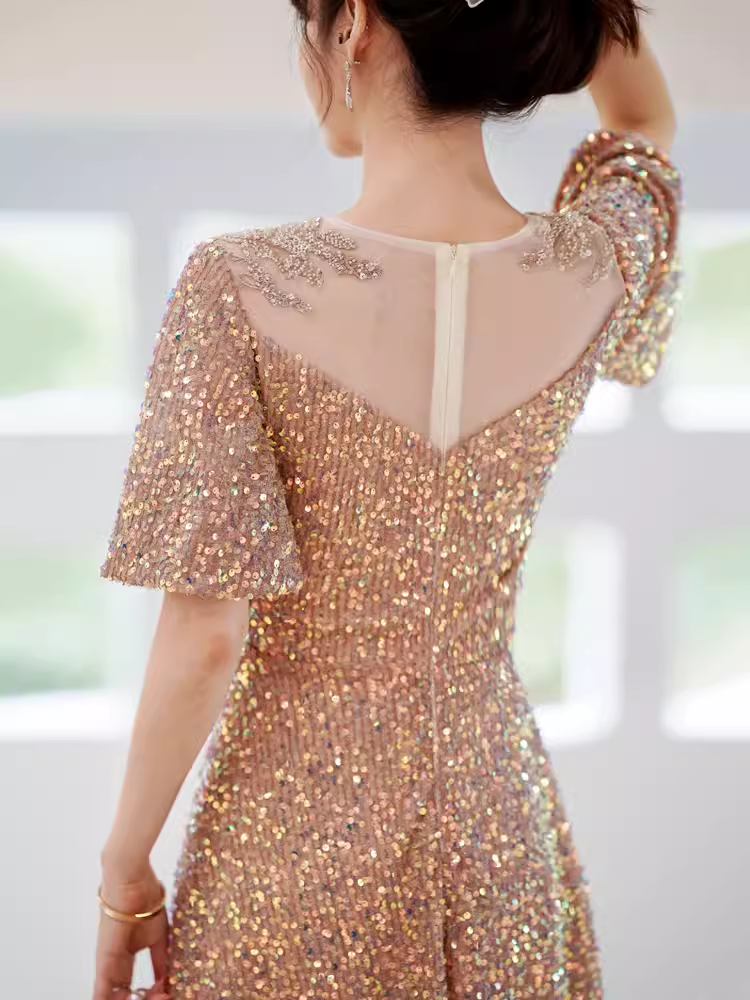 A line Sequin Gold Party Dress Long Prom Dress