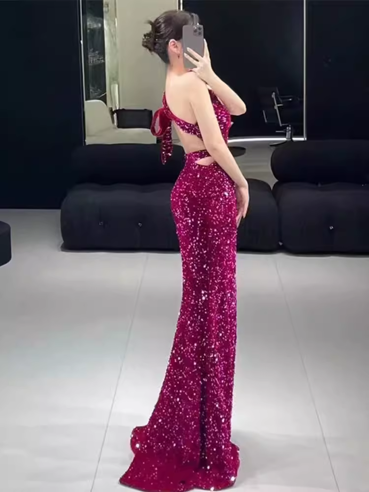 Mermaid One Shoulder Sequin Party Dress Long Prom Dress