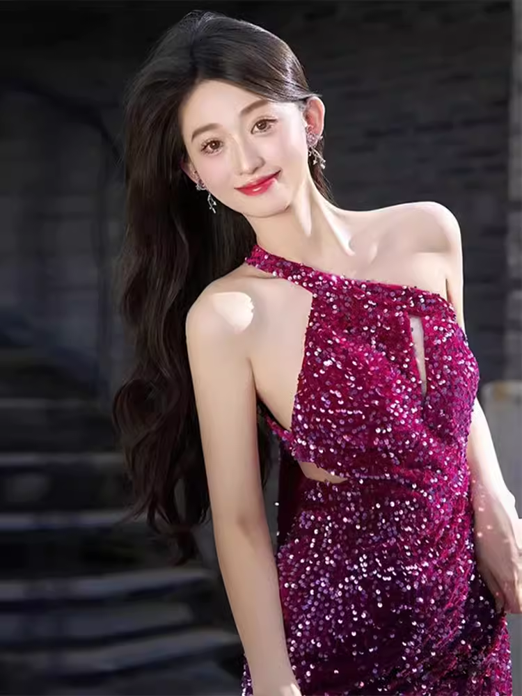 Mermaid One Shoulder Sequin Party Dress Long Prom Dress