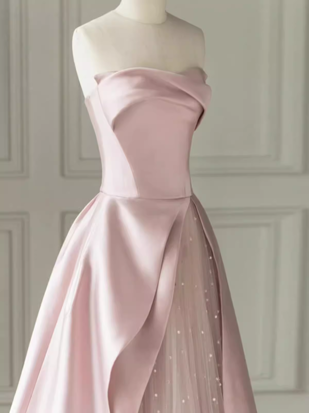A line Strapless Pink Party Dress Long Satin Prom Dress