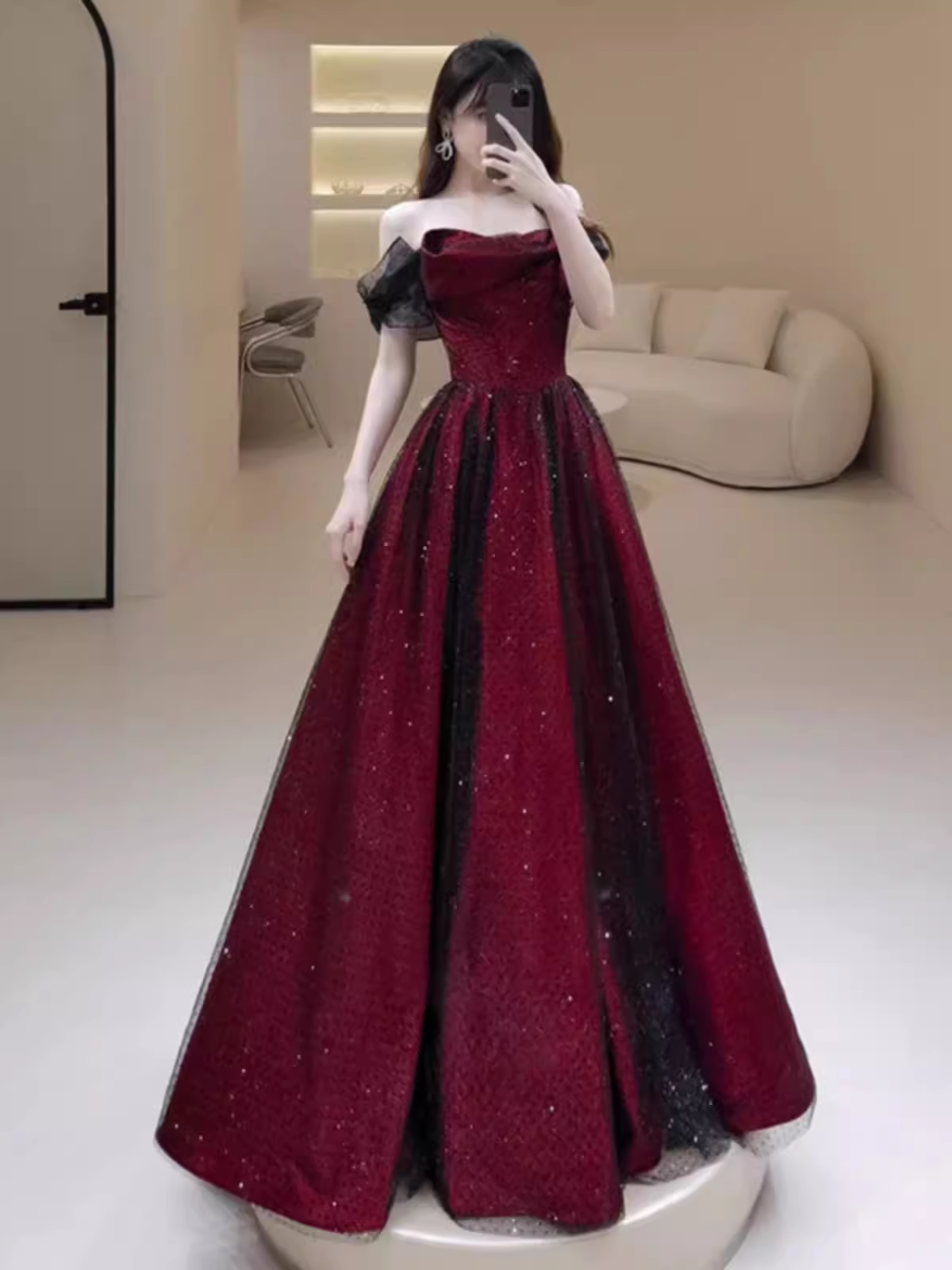 A line Strapless Black Party Dress Long Burgundy Prom Dress
