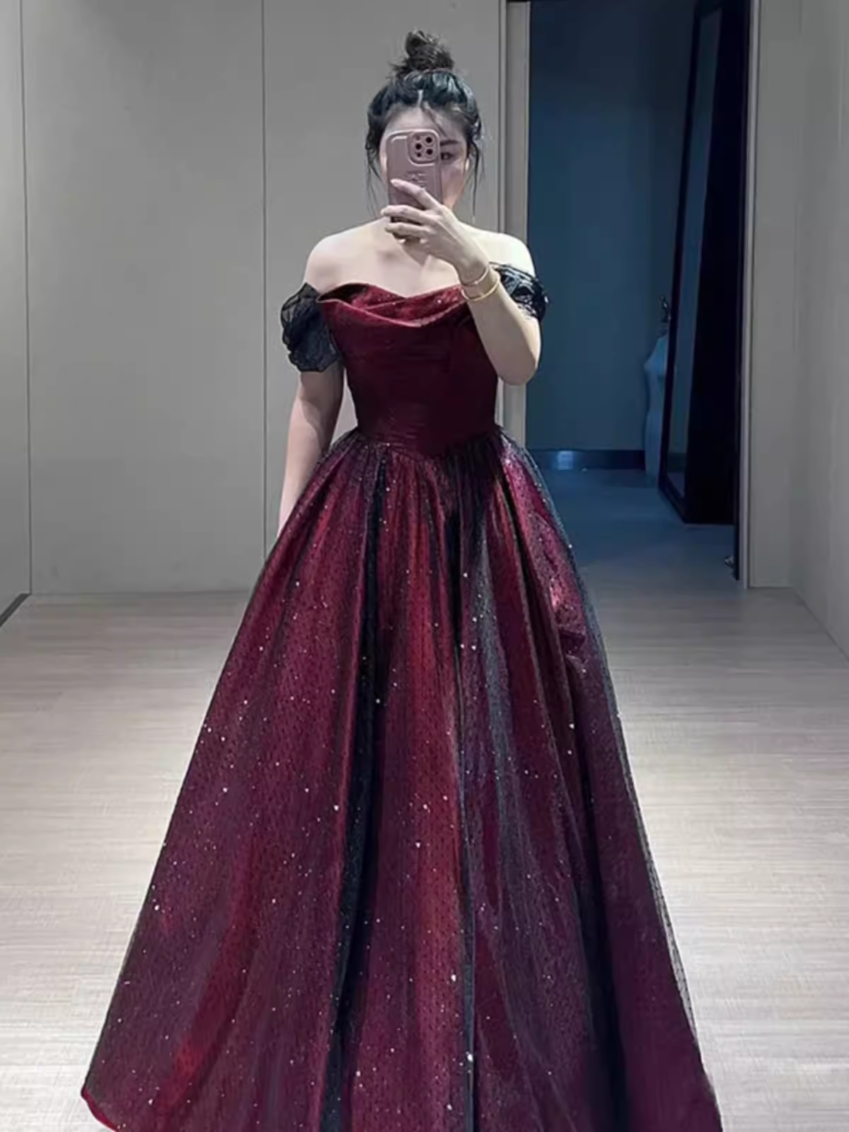 A line Strapless Black Party Dress Long Burgundy Prom Dress