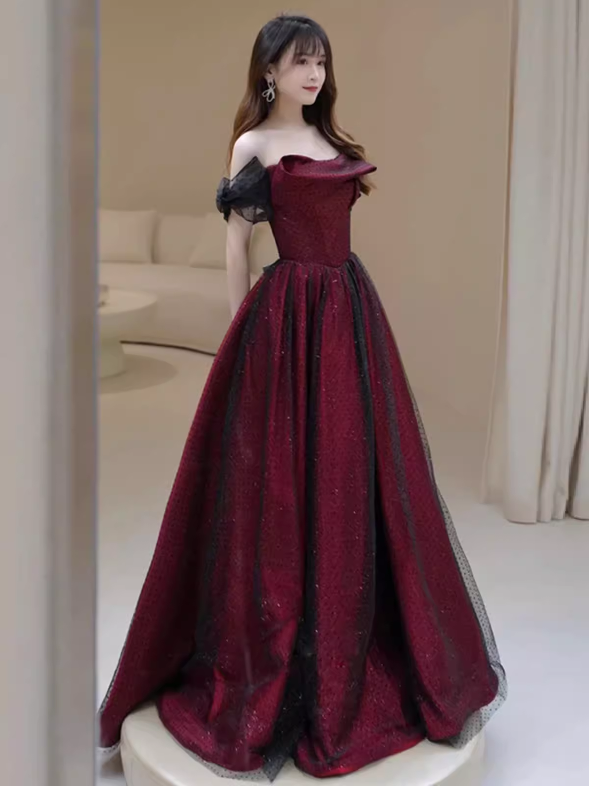 A line Strapless Black Party Dress Long Burgundy Prom Dress
