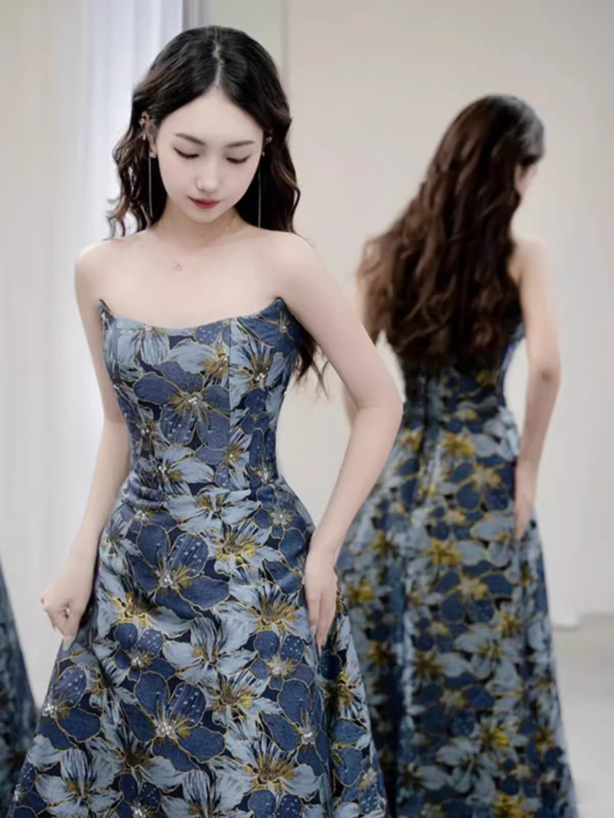 Vintage A line Strapless Party Dresses Long Blue Prom Dresses