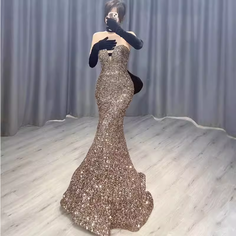 Vintage Mermaid Strapless Party Dresses Long Sequin Prom Dresses