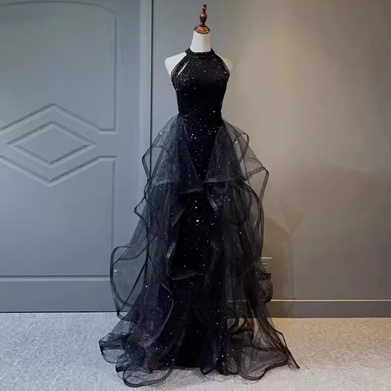 Vintage A line Halter Black Party Dresses Sequin Prom Dresses