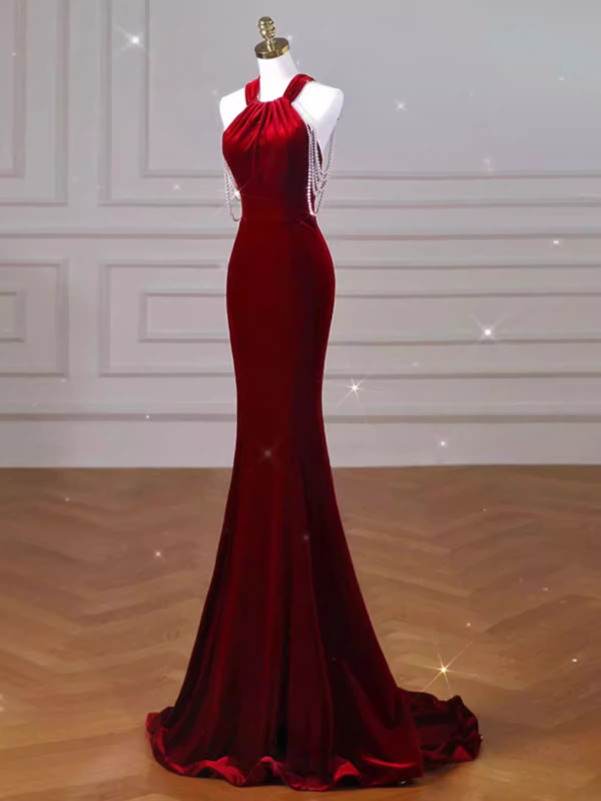 Sexy Mermaid Velvet Party Dresses Red Prom Dresses
