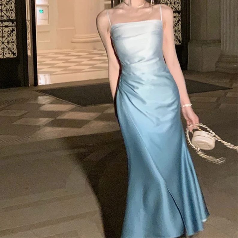 Elegant Sheath Straps Blue Prom Dresses Formal Dress