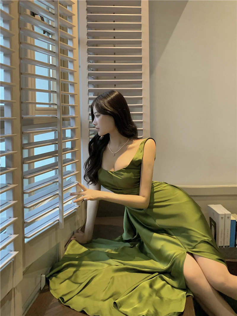 Women's Suspender Dress Satin Long Prom Dresses Formal Dress