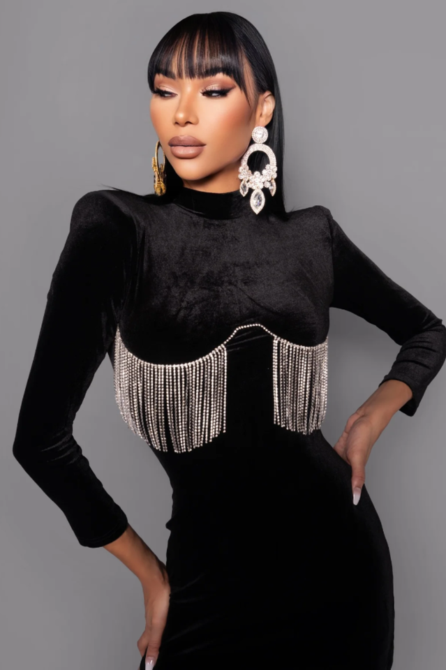 Velvet High Neck Long Sleeve Fringe Bodycon Mini Dress