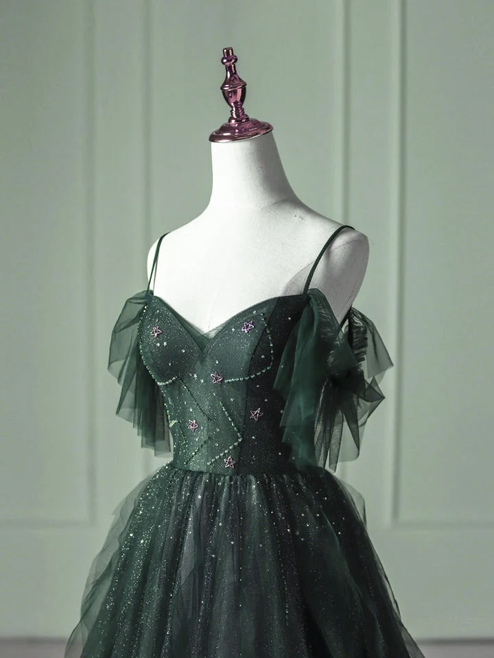 Green Beaded Straps Tulle Layers Long Prom Dress Green Formal Dress