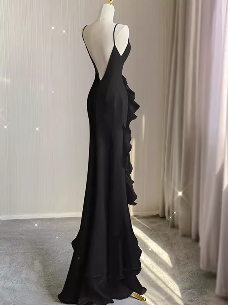 Sexy A line Long Senior Chiffon Black Prom Dress Formal Dress