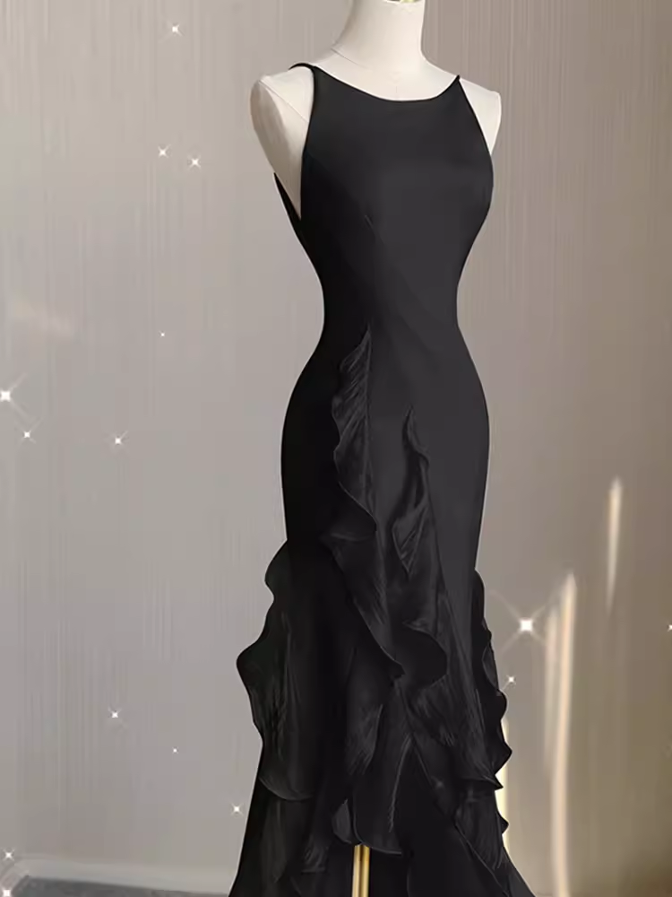 Sexy A line Long Senior Chiffon Black Prom Dress Formal Dress