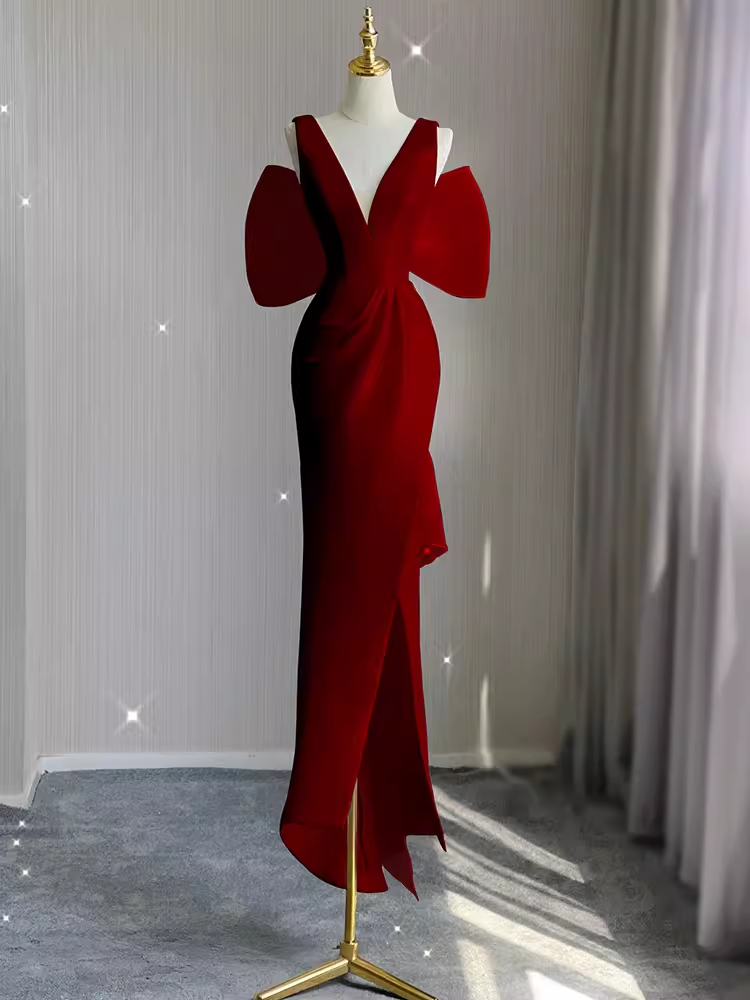 Sexy Sheath V neckline Long Senior Red Prom Dress Formal Dress